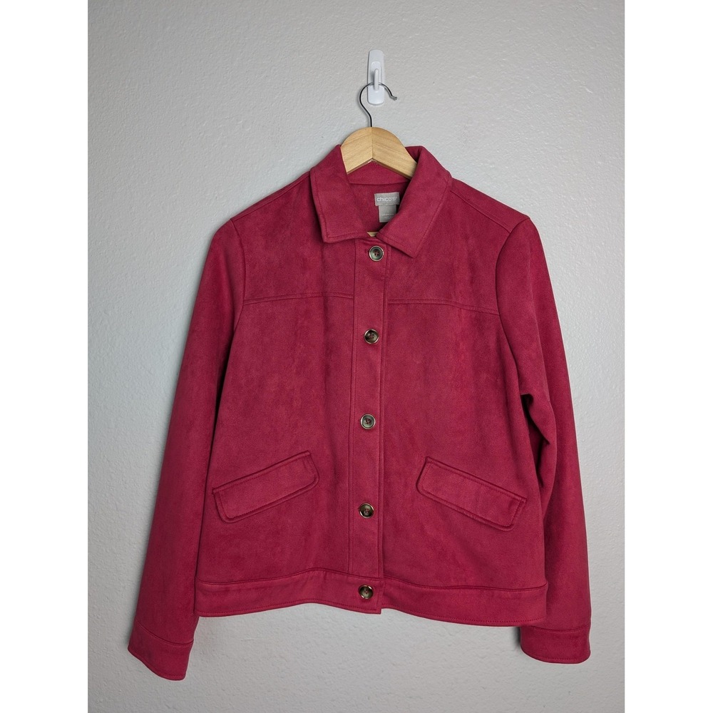 Chico's Jacket Womens 1 Pink Faux Suede Microfiber Collared Lined Pockets Short